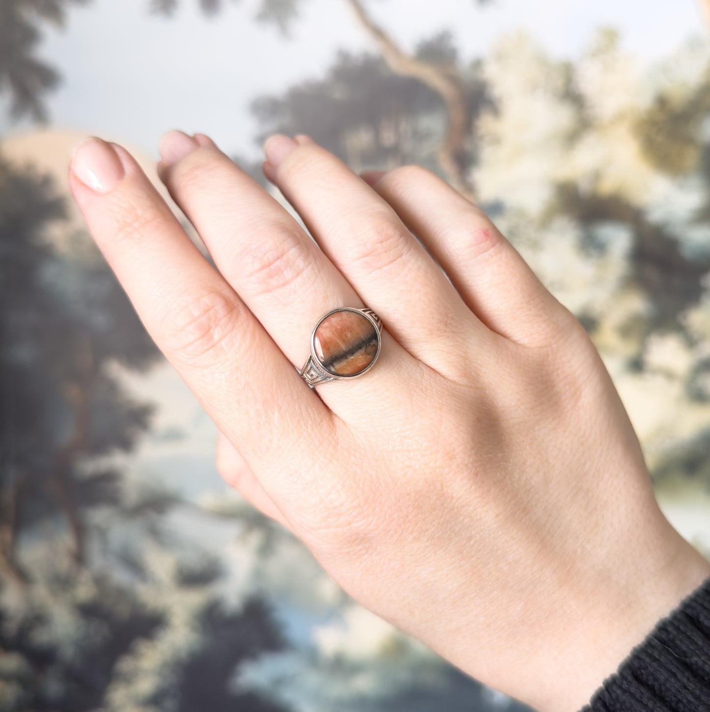 Antique Pink Stone Ring with Greek Key Motif in Silver