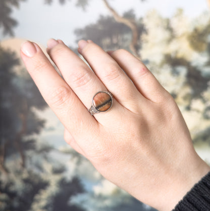 Antique Pink Stone Ring with Greek Key Motif in Silver