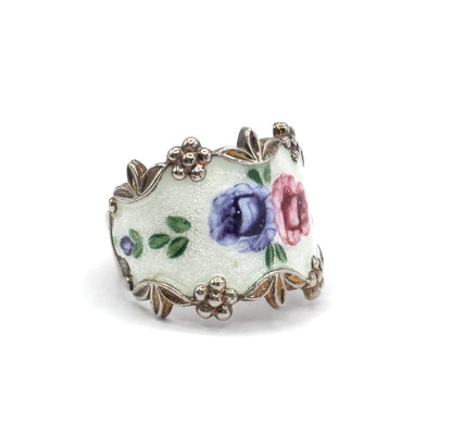 Mid-Century Floral Enamel Cigar Band Ring in Sterling Silver