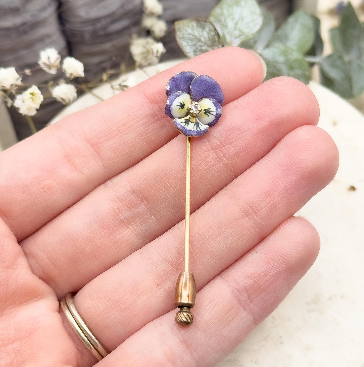 Victorian Pansy Stickpin with Antique Diamond in 14K Yellow Gold Purple Enamel