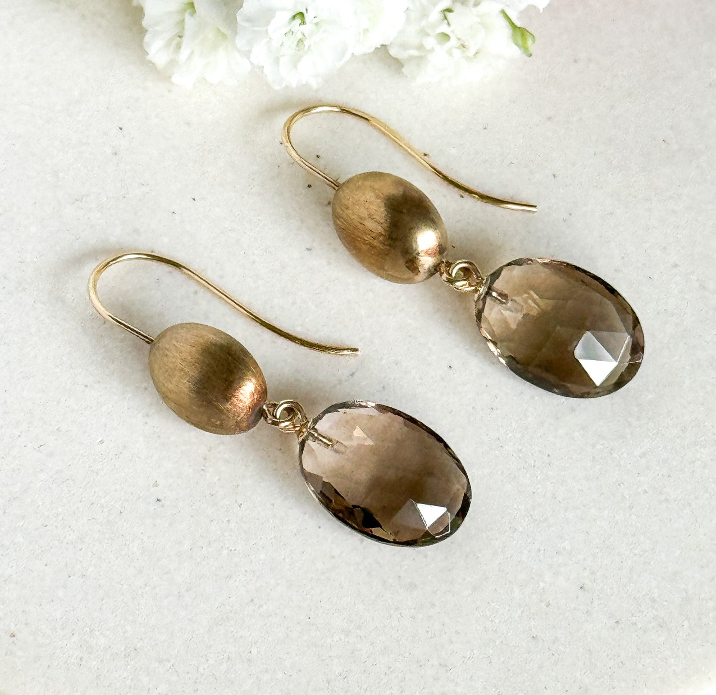Vintage Smoky Quartz Drop Earrings in 14K Yellow Gold
