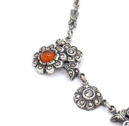 Antique Art Deco Carnelian & Marcasite Sterling Silver Floral Necklace