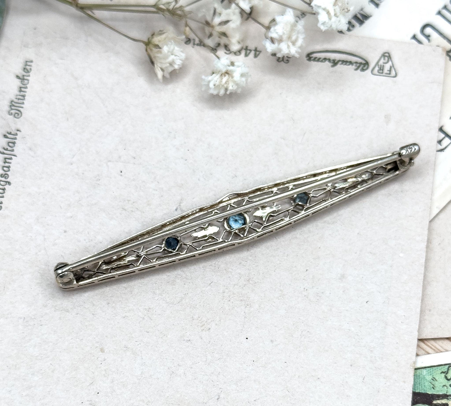 Art Deco Aquamarine Paste Brooch: 14K White Gold Filigree Pin