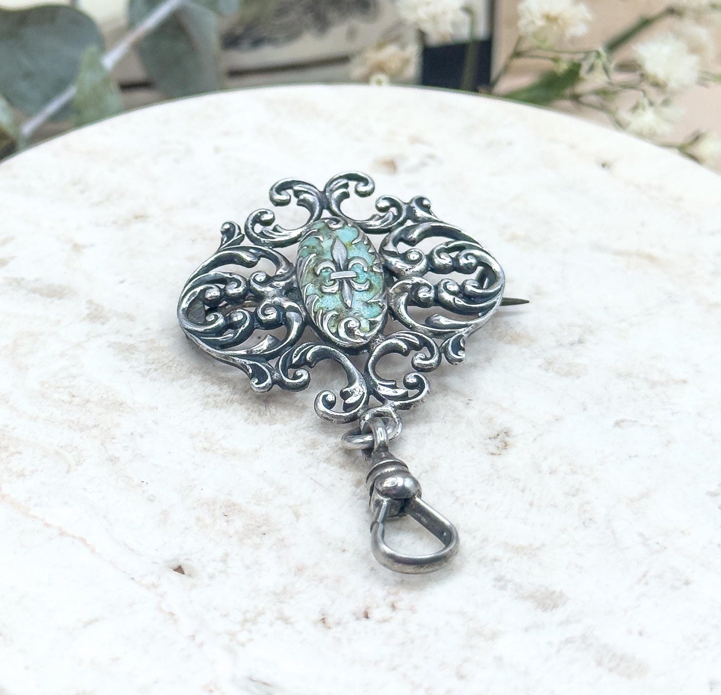 Victorian Watch Pin with Swivel Clasp in Blue Enamel Brooch