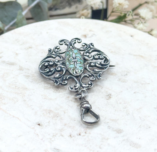 Victorian Watch Pin with Swivel Clasp in Blue Enamel Brooch