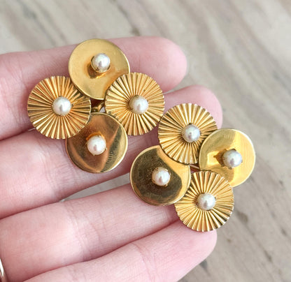 Vintage Midcentury necklace and earring set Engine turned disk necklace with Pearls