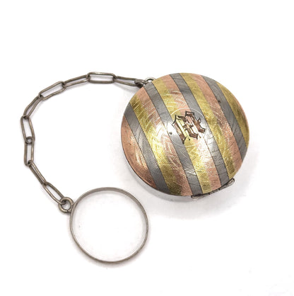 Antique Monogram M Chatelaine Compact Trinket Box in Sterling Silver Tri-tone gold