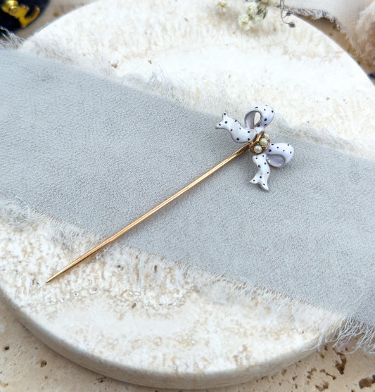 Victorian Bow Pin with Polka Dot Enamel & Seed Pearls in 15K Gold