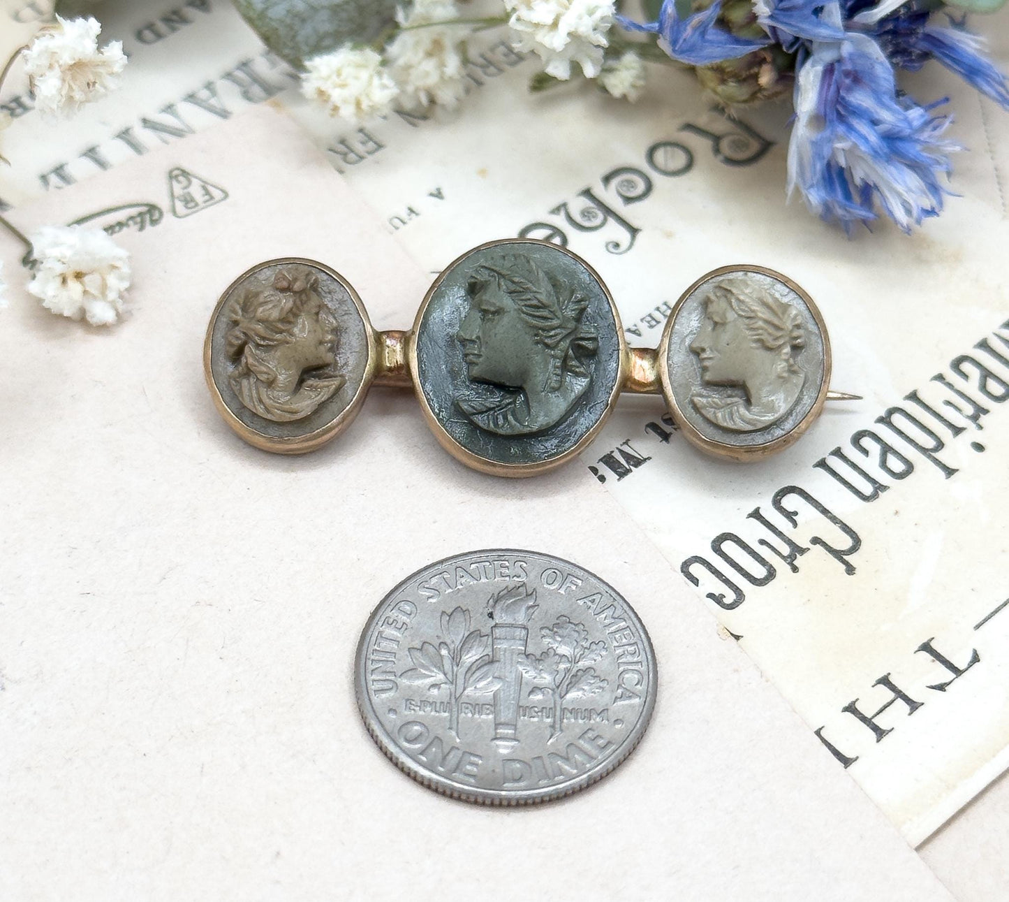 Antique Lava Cameo Brooch with Three Cameos Bezel Set Bar Brooch Grand Tour Souvenir