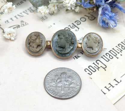 Antique Lava Cameo Brooch with Three Cameos Bezel Set Bar Brooch Grand Tour Souvenir