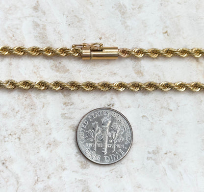 Vintage 28in Long Gold Rope Chain in 14K Solid Yellow 18in 3mm