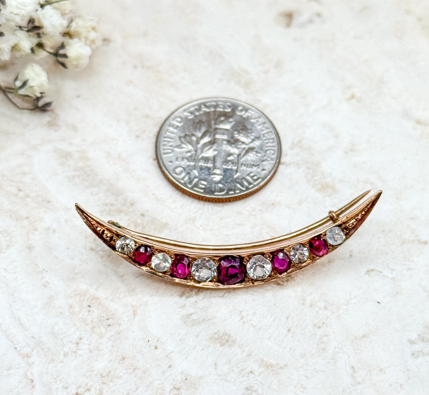 Victorian Crescent Moon Brooch with Red and White Gems in 10K Yellow Gold