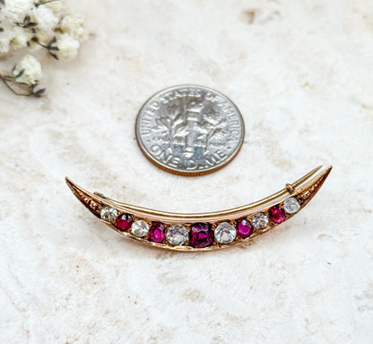 Victorian Crescent Moon Brooch with Red and White Gems in 10K Yellow Gold