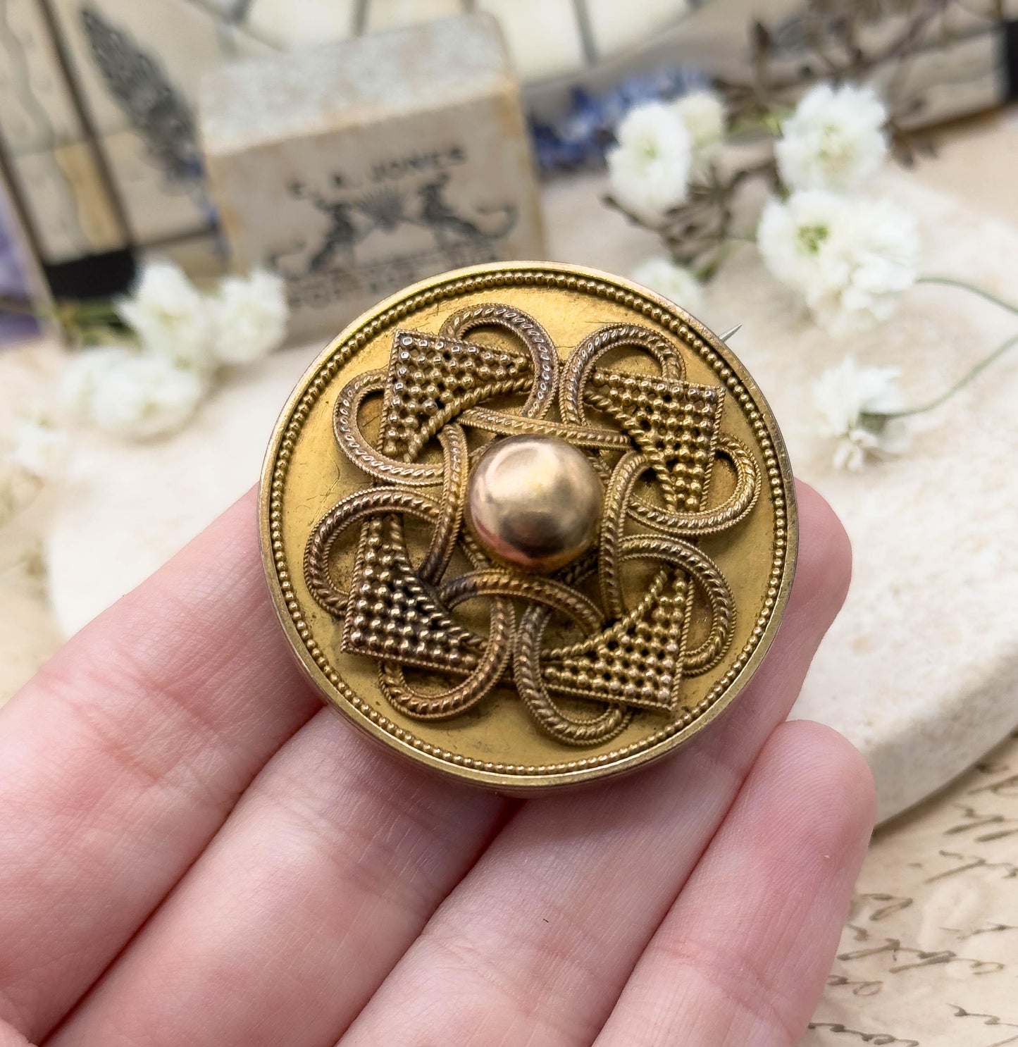 Antique Victorian Mourning Brooch in 14K Gold Etruscan Revival Woven Hair Locket Sentimental Jewelry
