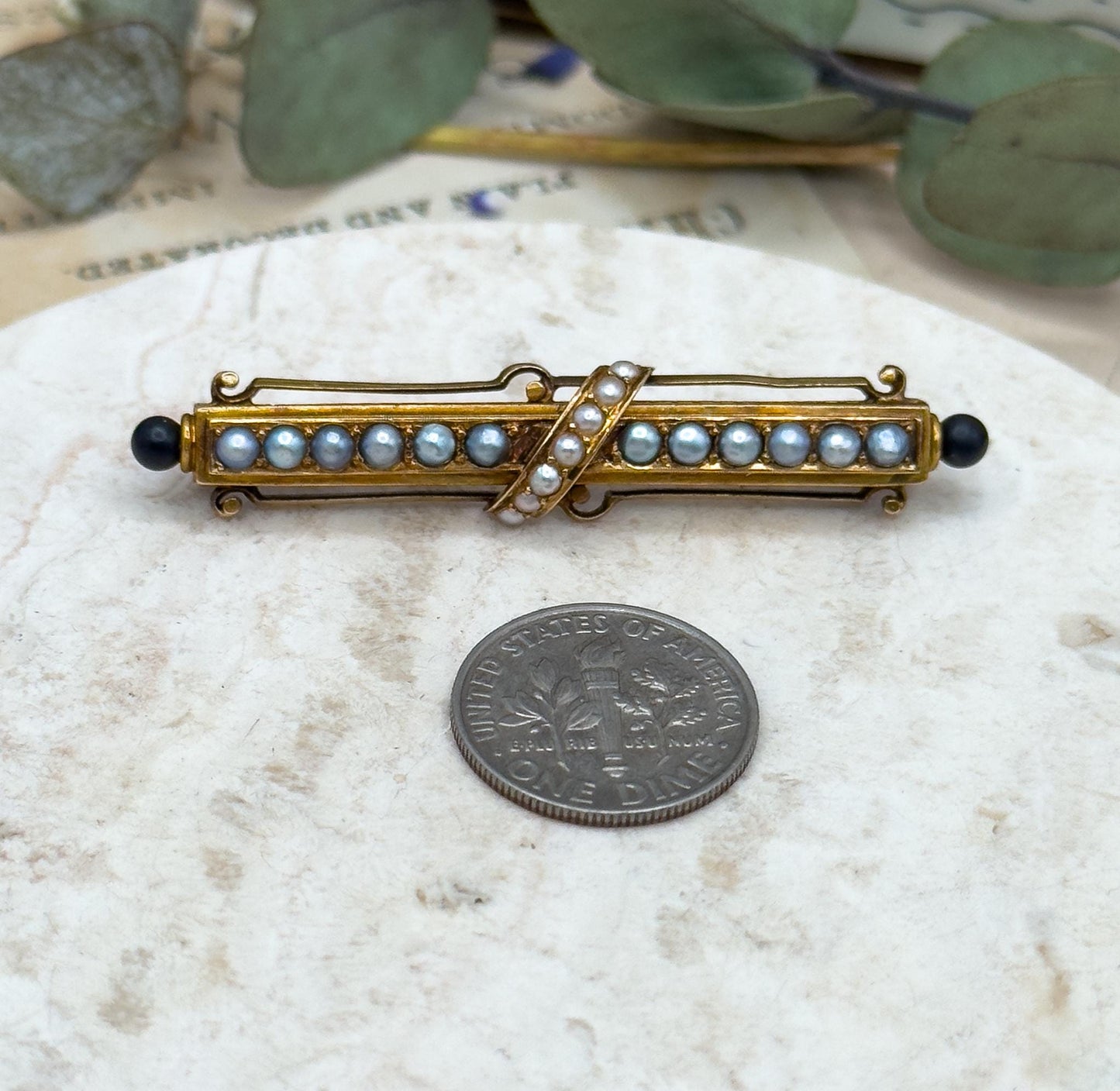 Victorian 14K Gold Bar Brooch: Seed Pearls & Black Enamel