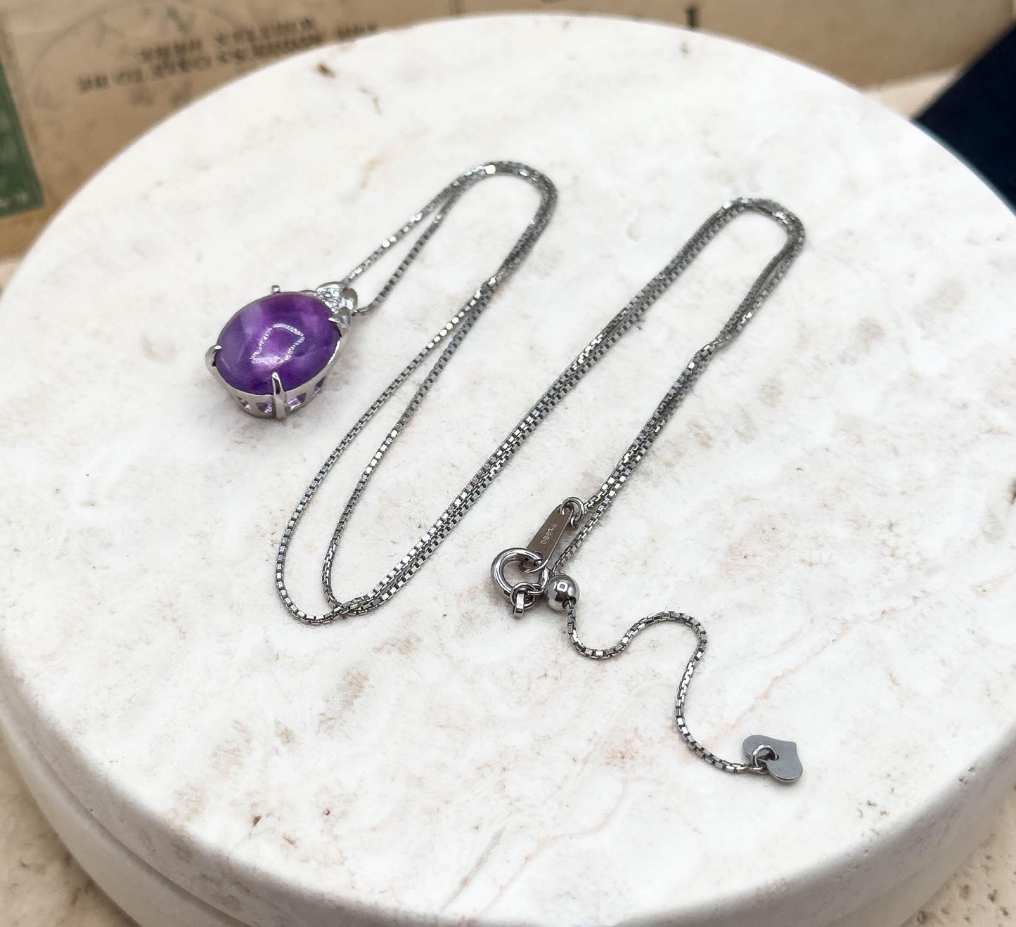 Lovely Amethyst Cabochon & Diamond Pendant Necklace in Platinum pt850