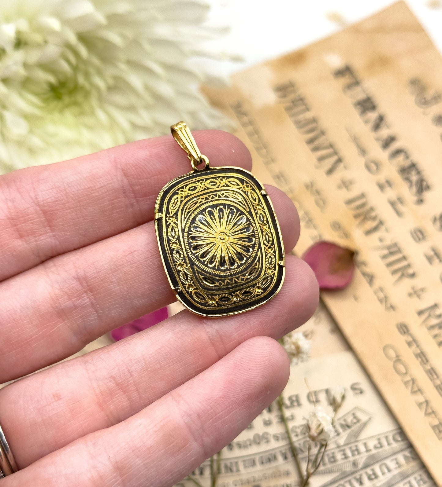 Vintage Damascene Pendant Black and Gold Flower Pendant