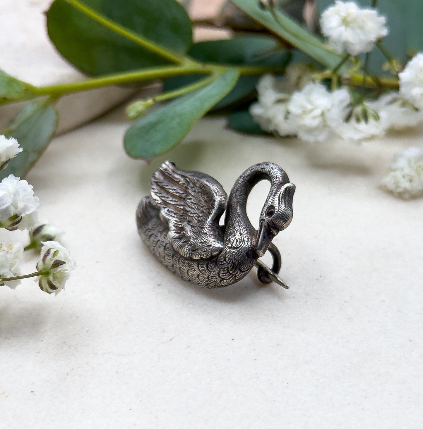 Victorian Swan Brooch in Silver with Red Glass Gem Set Cabochon Eye Bird