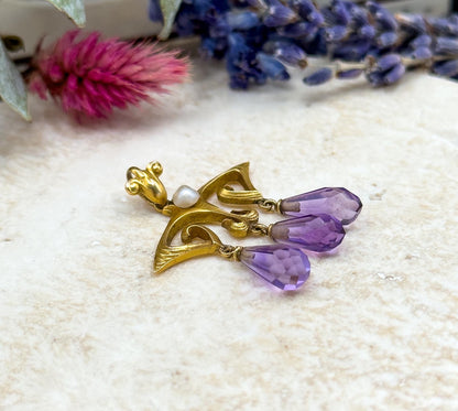 Antique Art Nouveau Pendant w Amethyst Briolette Drops in 14K Yellow Gold Jugenstil