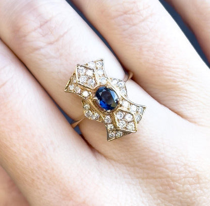 Vintage Pave Diamond & Blue Sapphire Shield ring in 14K Yellow Gold