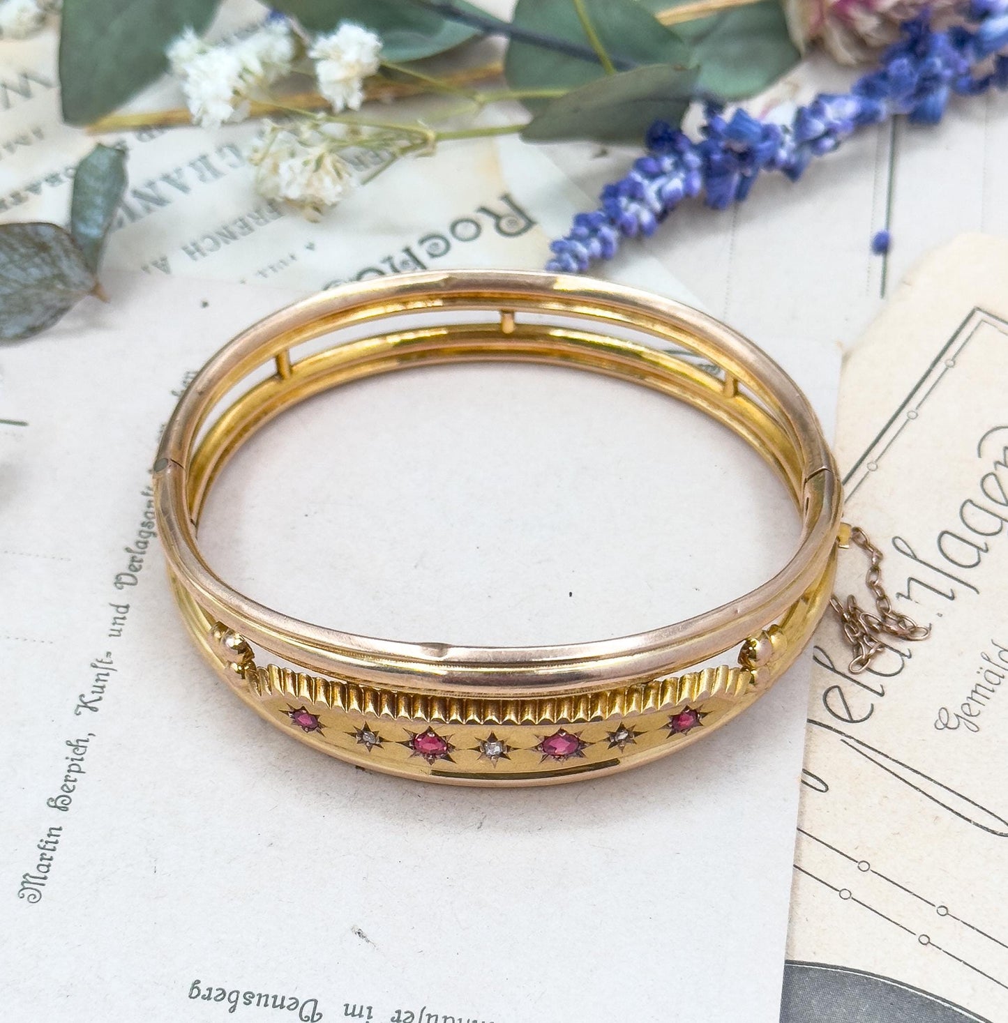 Antique 9ct Gold Garnet Bangle Bracelet: Victorian Rose Cut Diamond Jewelry