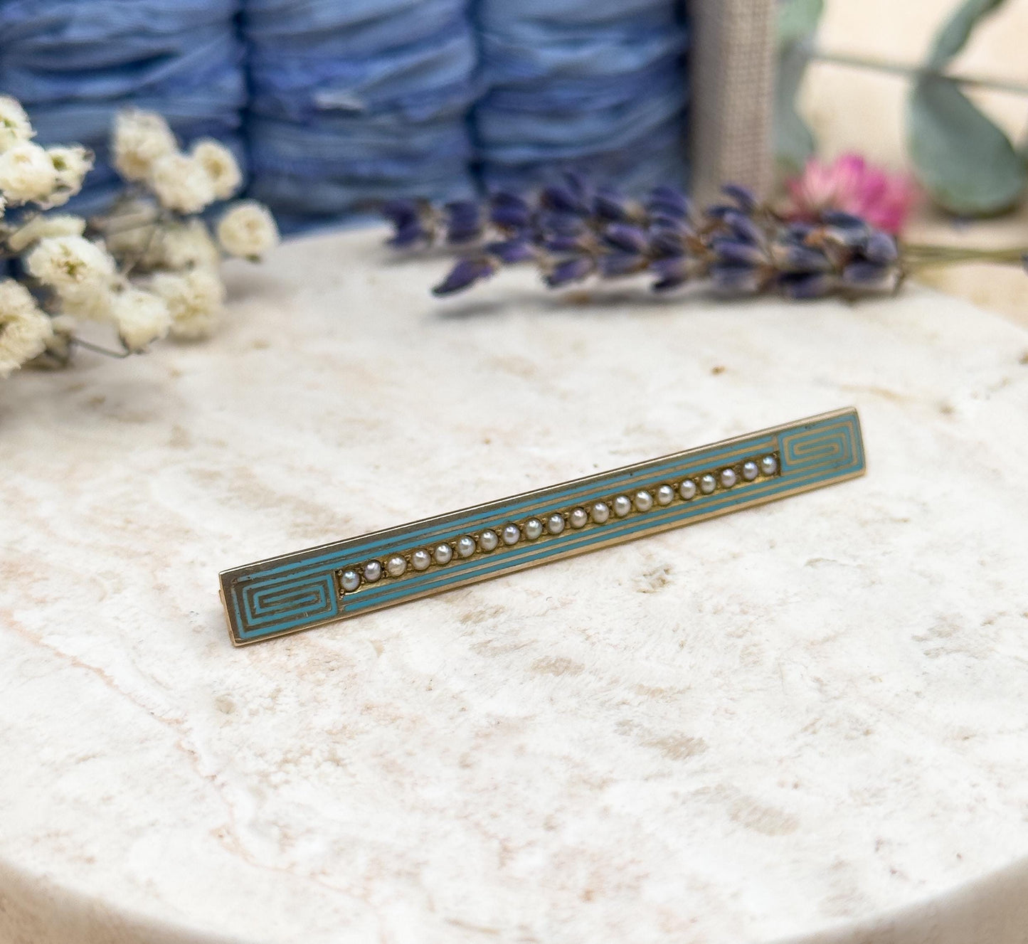 Antique Enamel Bar Brooch in 10K Yellow Gold with Seed Pearls Greek Key