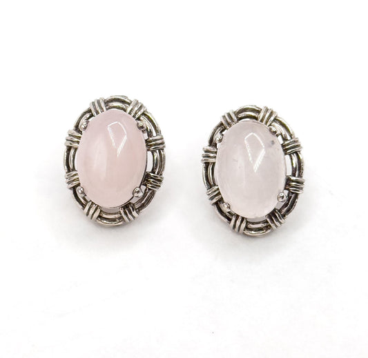 Vintage Rose Quartz Sterling Silver Stud Earrings: Basket Setting