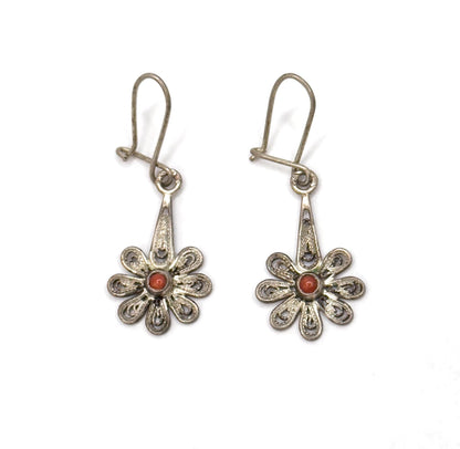 Vintage Flower Filigree Drop Earrings with Red Coral cabochon stamped 800 Silver