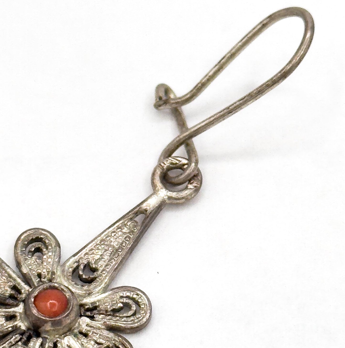 Vintage Flower Filigree Drop Earrings with Red Coral cabochon stamped 800 Silver