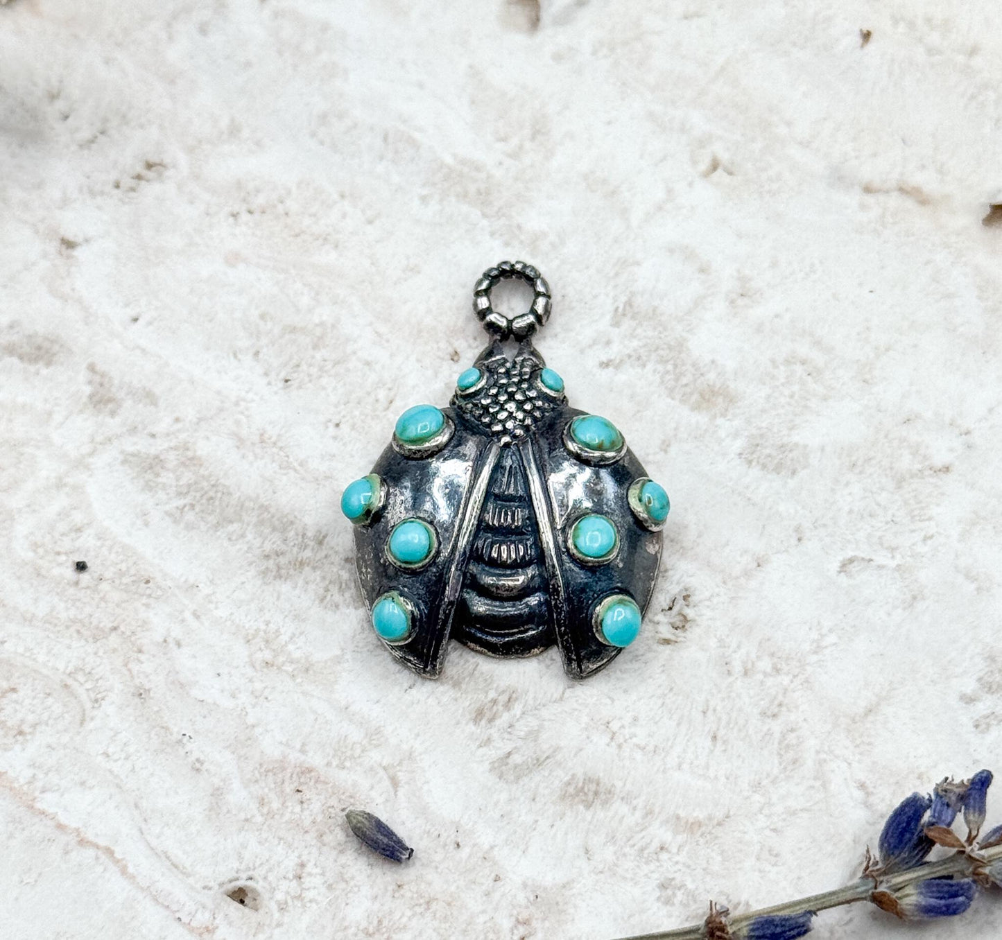 Vintage Sterling Silver Ladybug Pendant with Turquoise Cabochons