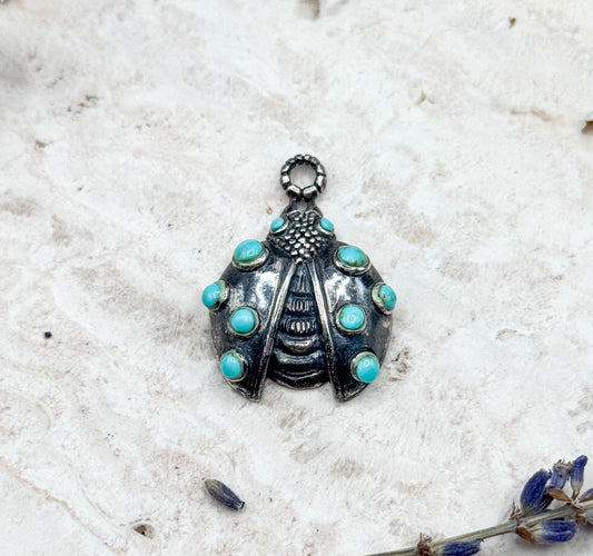 Vintage Sterling Silver Ladybug Pendant with Turquoise Cabochons