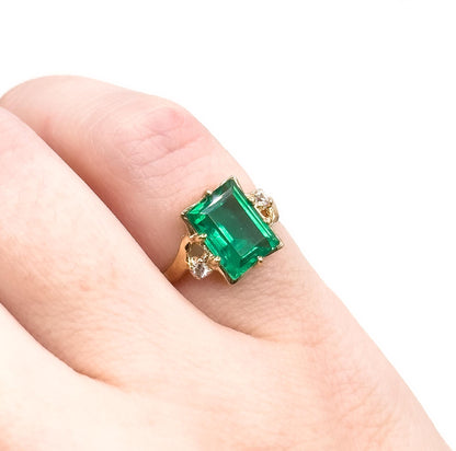 Vintage 10K Gold Green Paste Emerald Cut Ring - White Topaz Accents