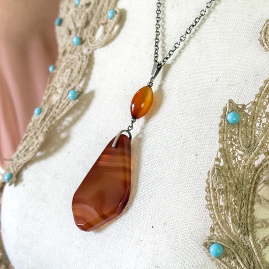 vintage red banded agate slab necklace