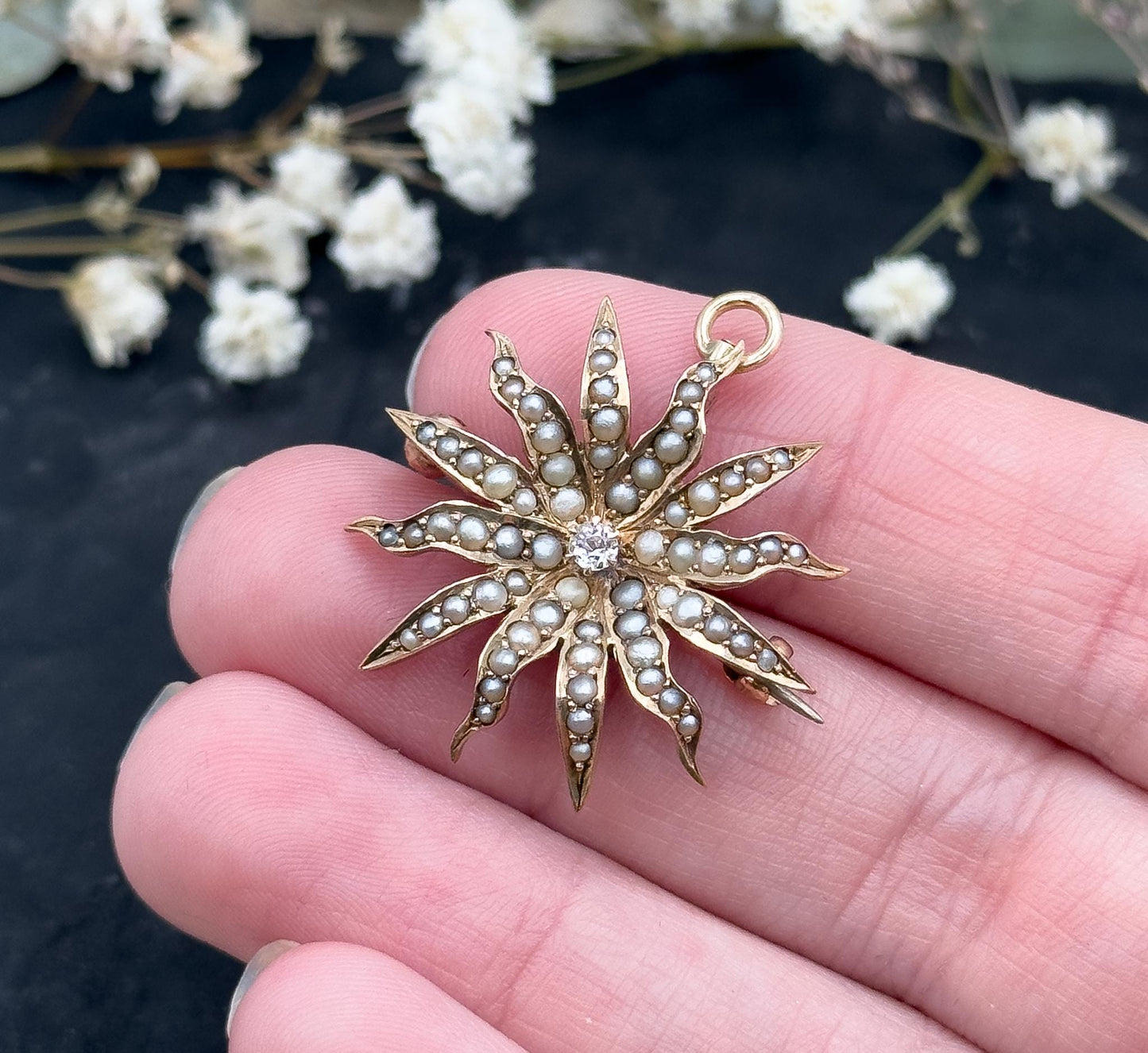 Antique Diamond Star Pendant w Seed Pearls Edwardian 12K Yellow Gold