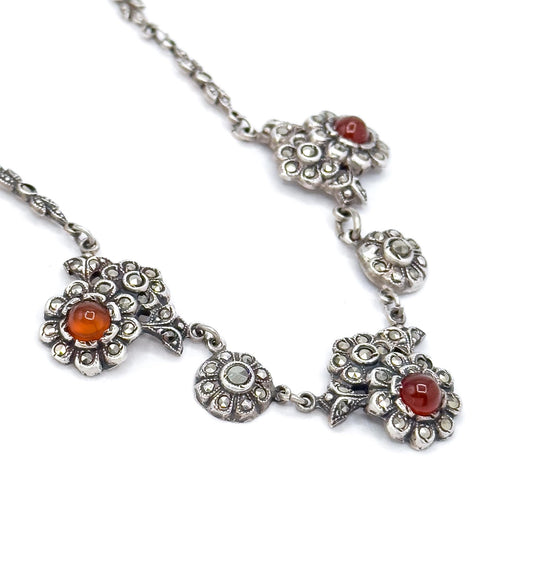 Antique Art Deco Carnelian & Marcasite Sterling Silver Floral Necklace
