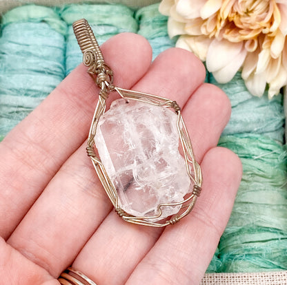 Vintage wire wrapped raw quartz crystal pendant handmade