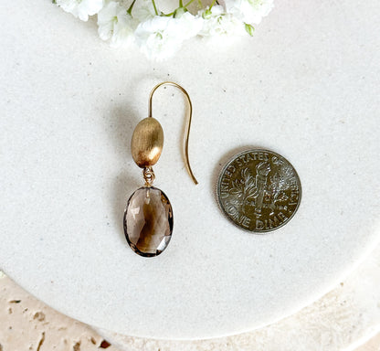 Vintage Smoky Quartz Drop Earrings in 14K Yellow Gold