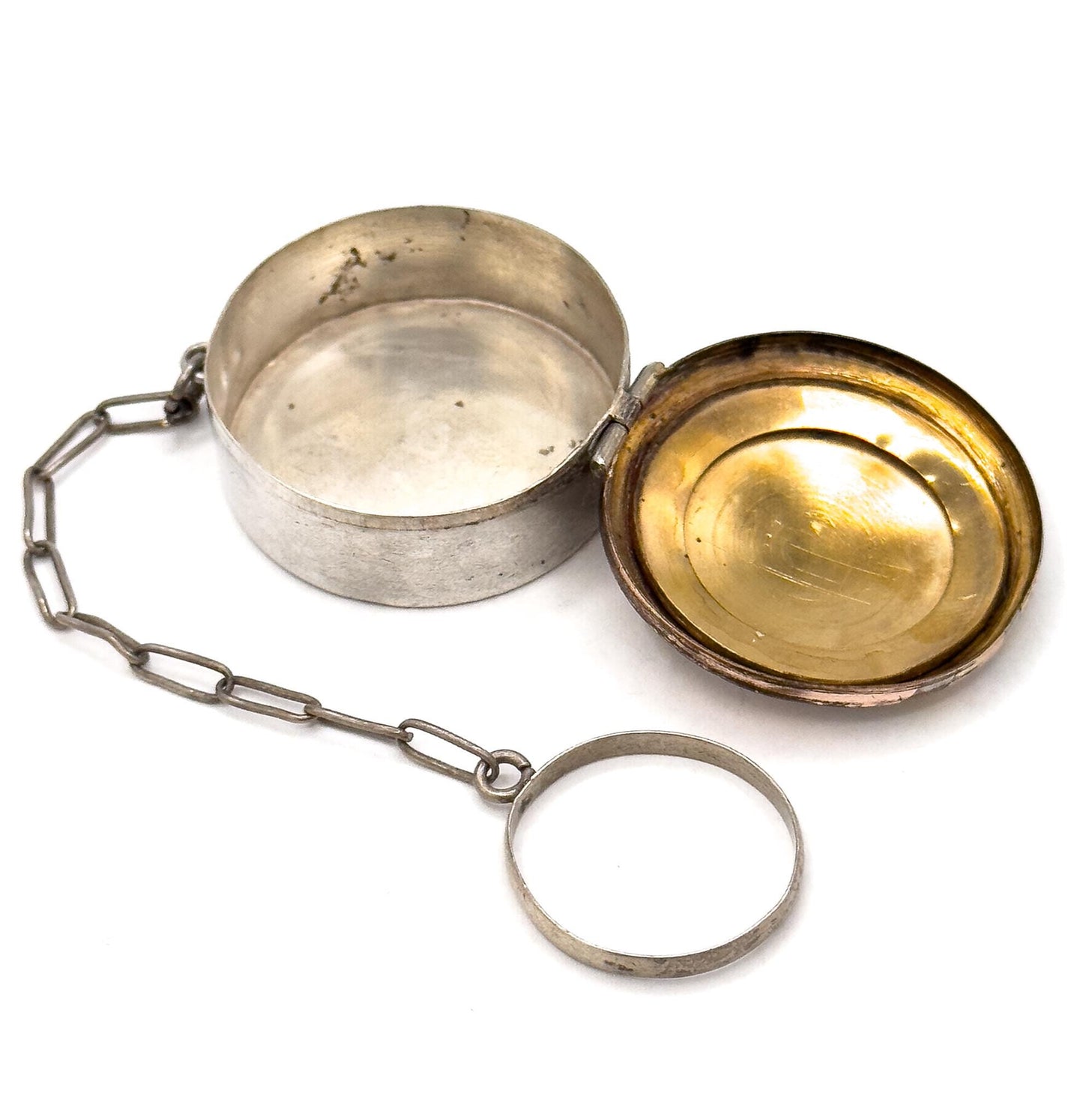 Antique Monogram M Chatelaine Compact Trinket Box in Sterling Silver Tri-tone gold