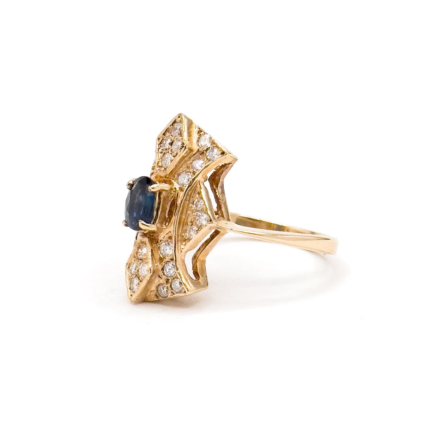 Vintage Pave Diamond & Blue Sapphire Shield ring in 14K Yellow Gold