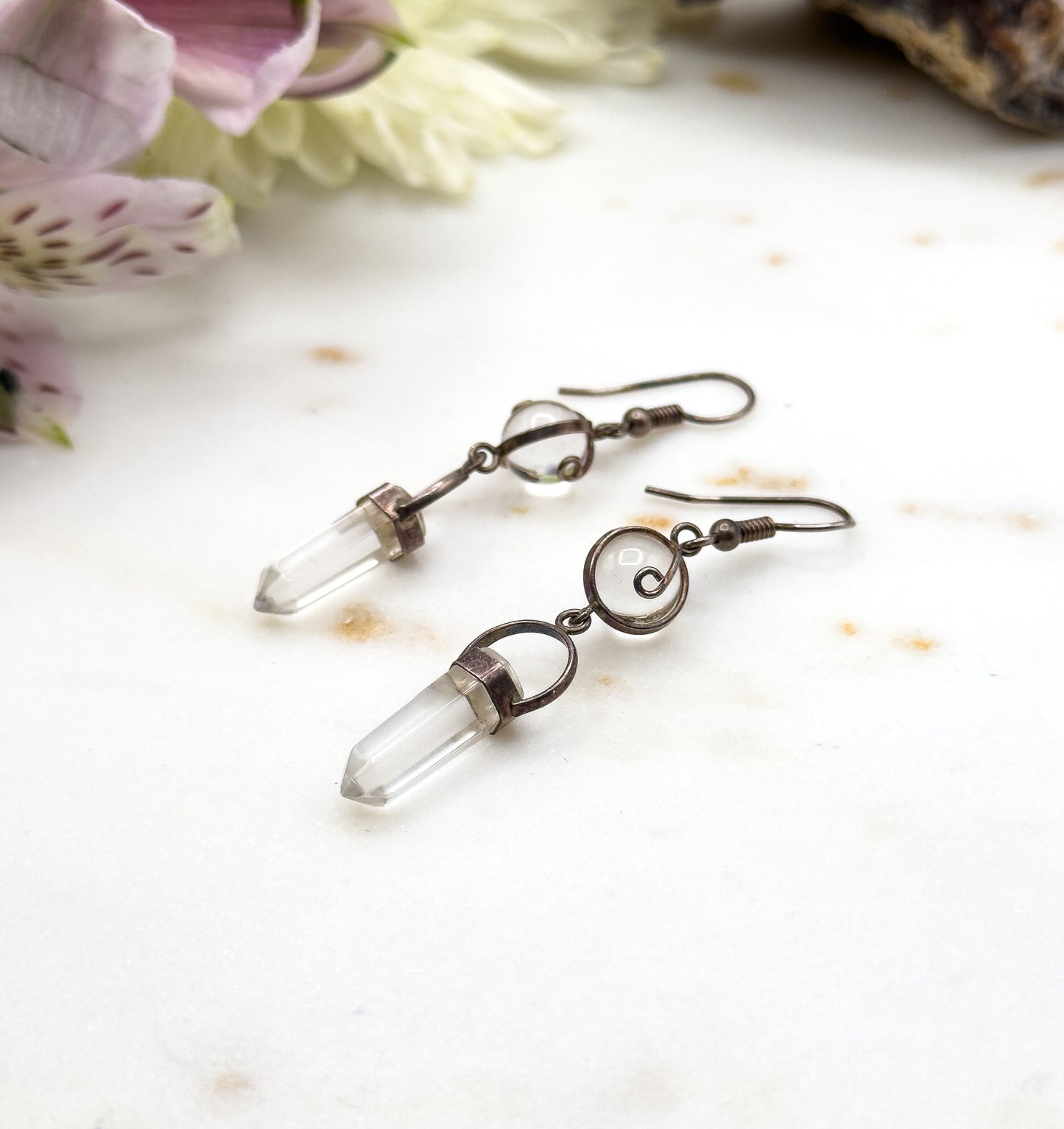 Vintage Pool of Light Drop quartz Crystal Drop Earrings in Sterling Silver