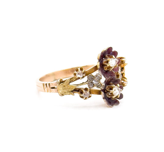 Antique Victorian Moi et Toi Ring with Rose Cut Garnets & Buttercup Set Flowers in 14K Gold