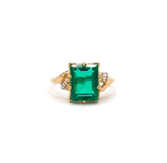 Vintage 10K Gold Green Paste Emerald Cut Ring - White Topaz Accents