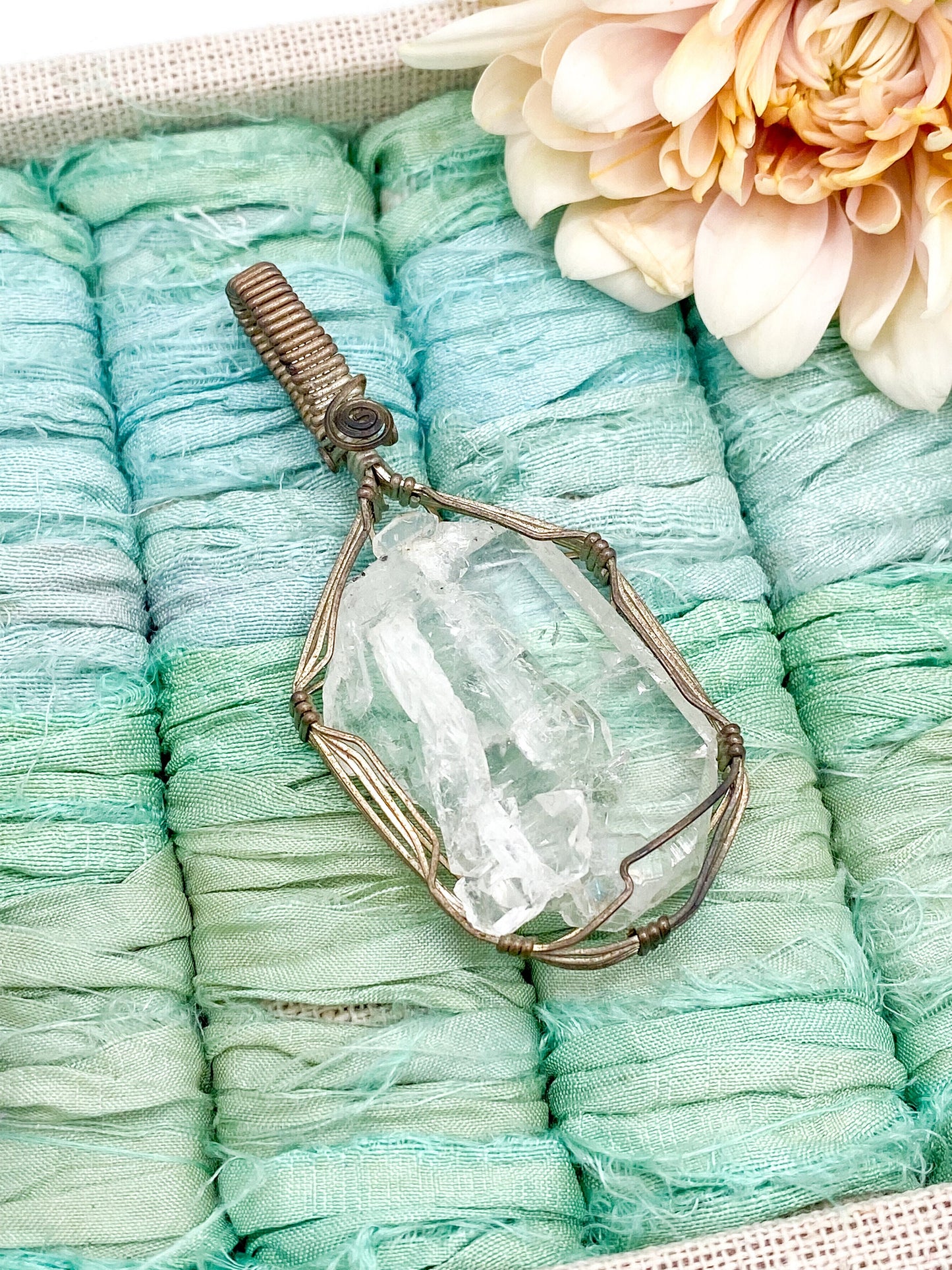 Vintage wire wrapped raw quartz crystal pendant handmade