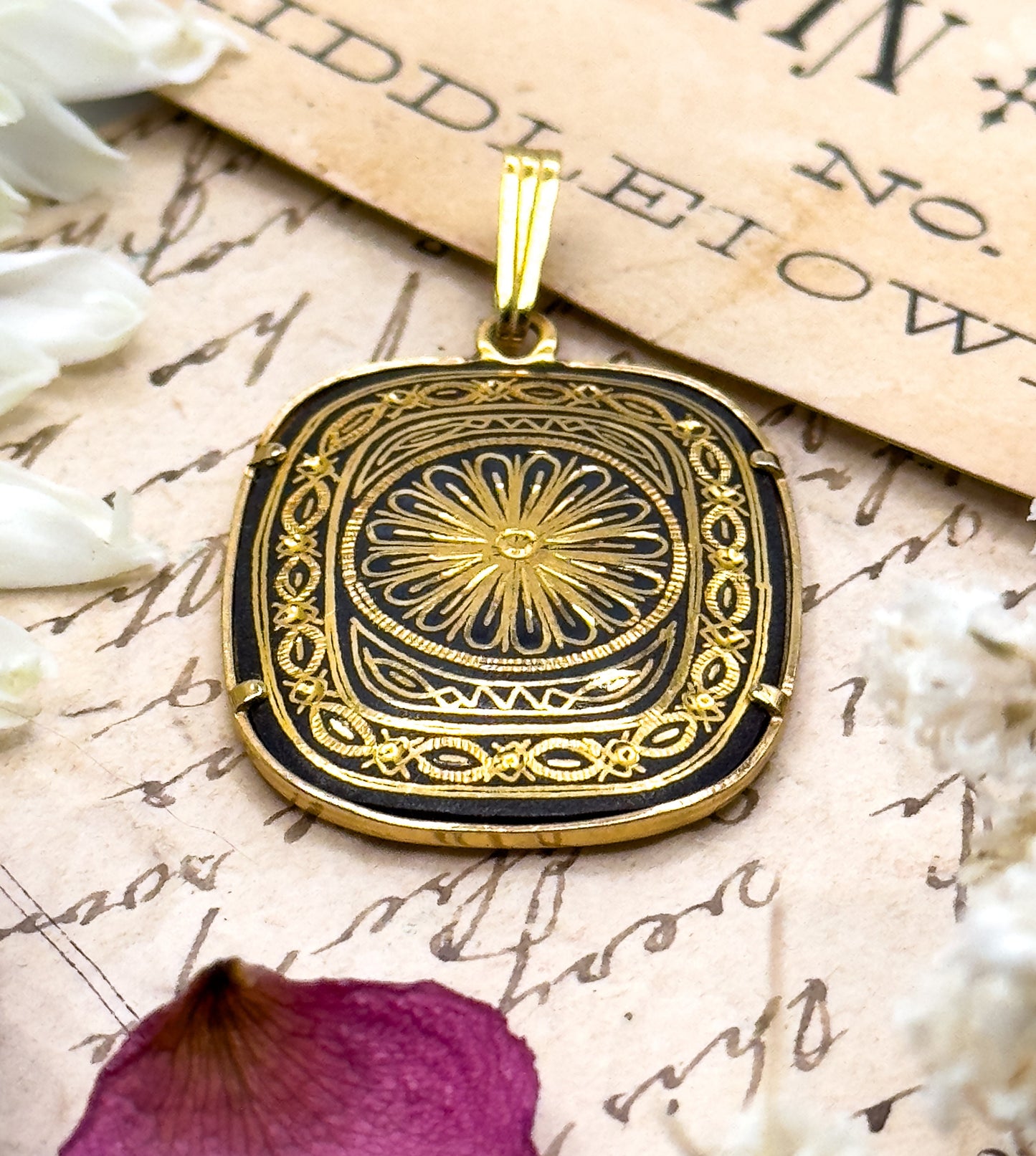 Vintage Damascene Pendant Black and Gold Flower Pendant