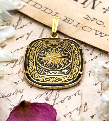 Vintage Damascene Pendant Black and Gold Flower Pendant