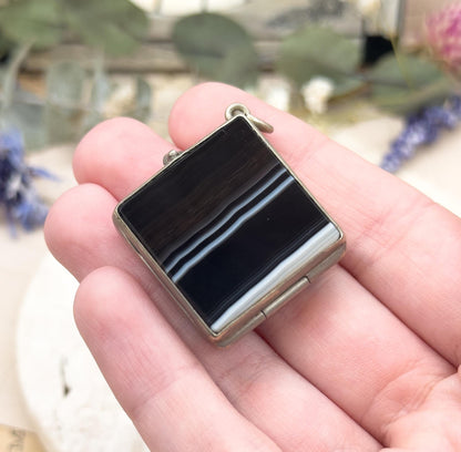 Victorian Banded Agate Box Pendant: Antique Snuff Trinket Box, 1800s
