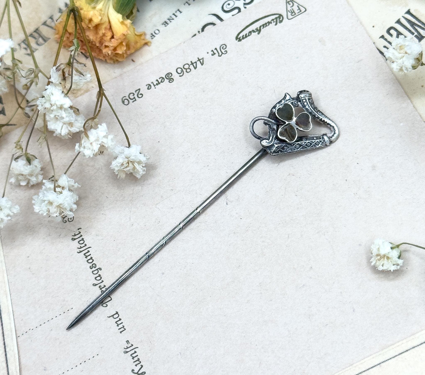 Antique Connemara Shamrock Stick Pin harp Stickpin