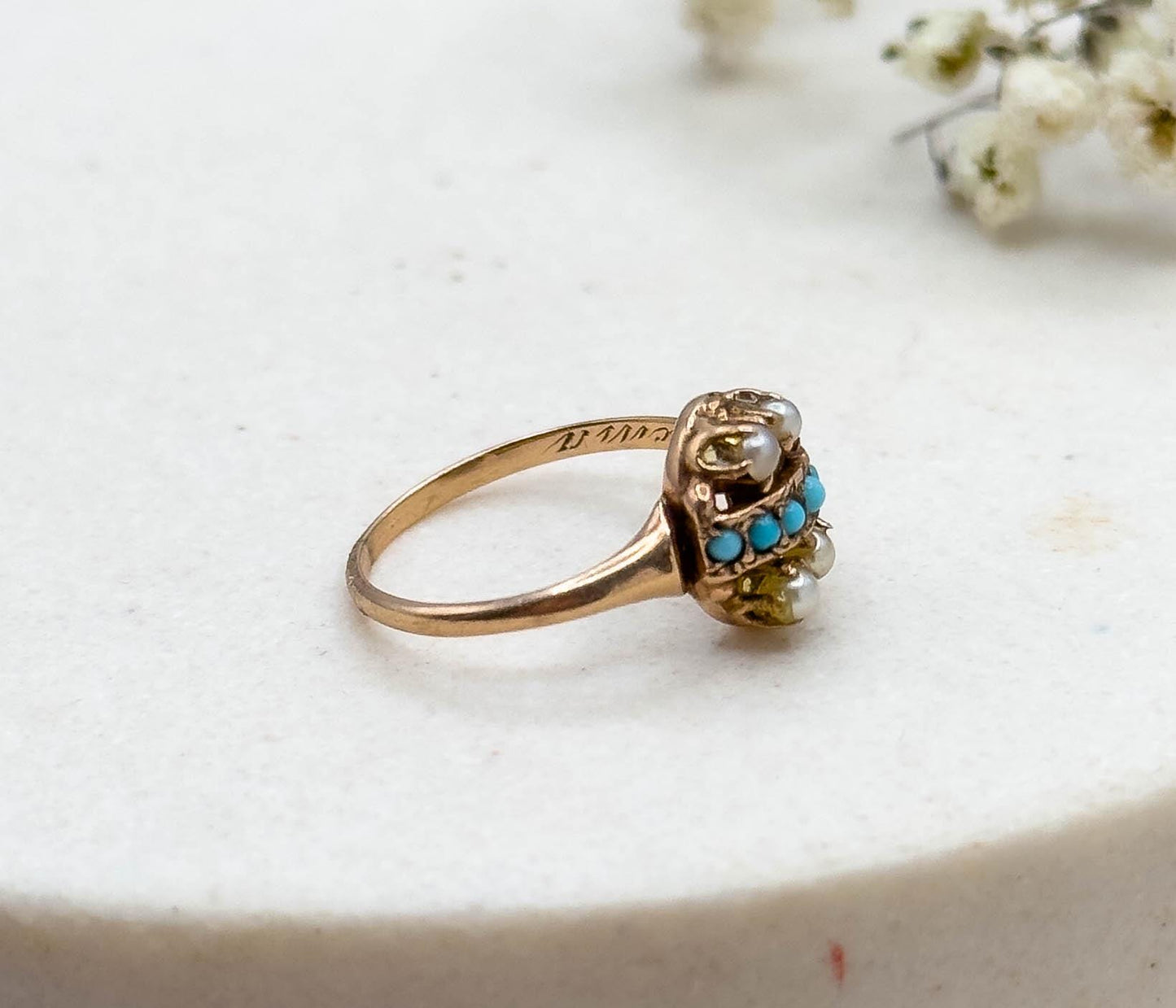 Antique Victorian Turquoise & Seed Pearl Ring in 9K Gold Split Seed Pearl 1800s
