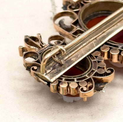 Victorian Cameo Brooch: 12K Rose Gold, Sardonyx, Seed Pearls, Elizabethan Style