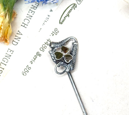 Antique Connemara Shamrock Stick Pin harp Stickpin